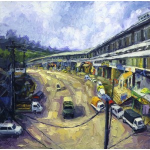 Saba Qayoom Leghari, Caurt Road Murree, 18 x 18 Inch, Oil on Canvas, Citycape Painting, AC-SQL-036